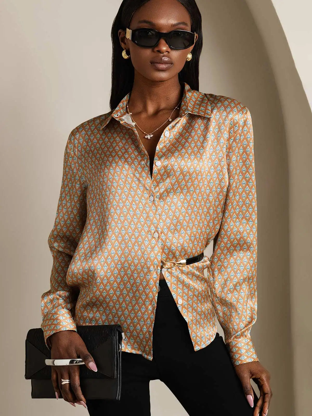 19Momme Silk Geometric Print Long Sleeve Lapel Collar Women's Shirt