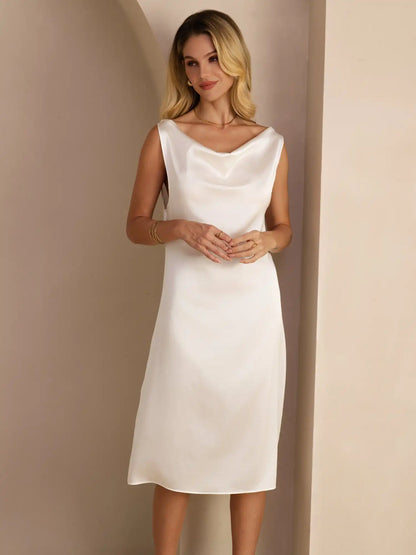 19Momme Silk Sleeveless Cowl Neck Knee Elegant Dress
