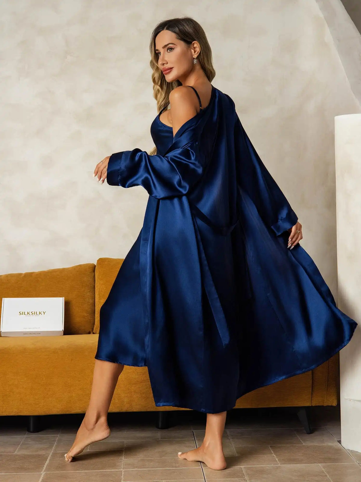 100% Mulberry Silk V-Neck Midi Nightgown & Robe Set 2Pcs