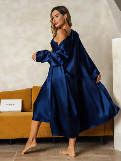 100% Mulberry Silk V-Neck Midi Nightgown & Robe Set 2Pcs