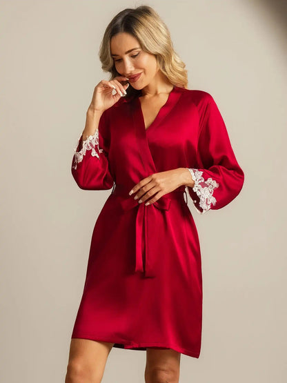 100% Mulberry Silk Lace Cuffs Robe Wrap Kimono Belted with 3/4 Sleeves