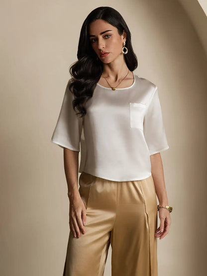 100% Mulberry Silk Women's Blouse Short Sleeve Boxy Crop Top