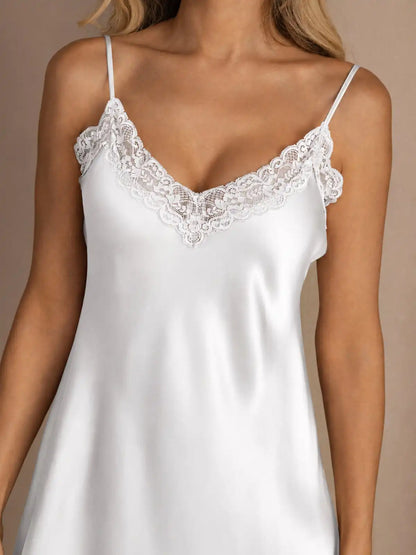 100% Mulberry Silk Elegant Slip Lace Trim V Neck Short Nightgown