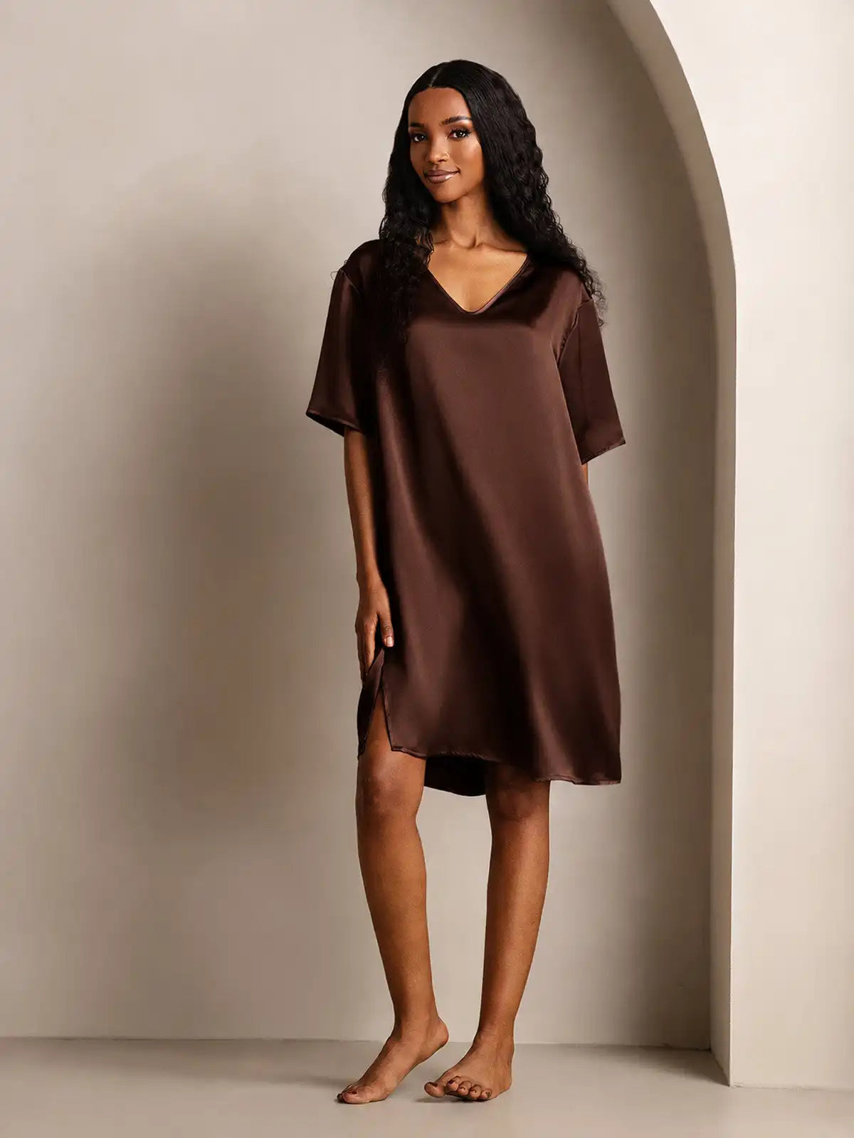 100% Mulberry Silk Half Sleeve V-neck Short Nightgown with Split Design