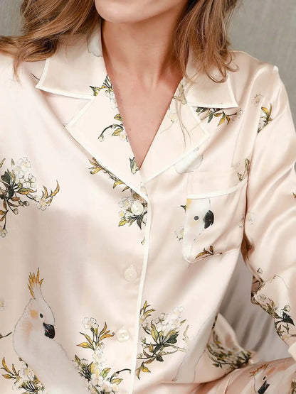 Women's 100% Mulberry Silk Floral Parrot Print Long Sleeve Pajamas Set With Pants