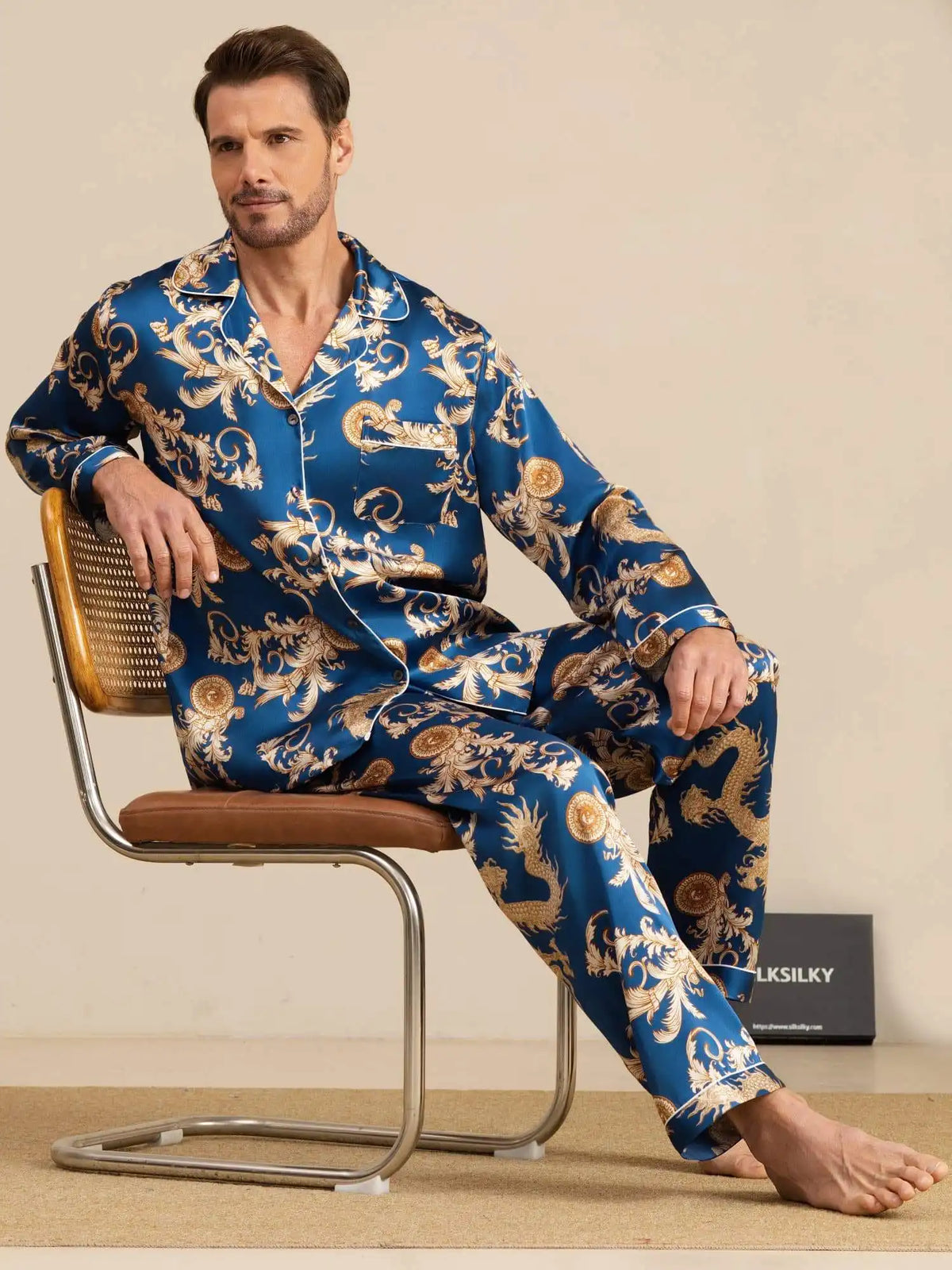 100% Mulberry Silk Men's Dragon Print  Long Sleeve Notch Collar Pajamas Set