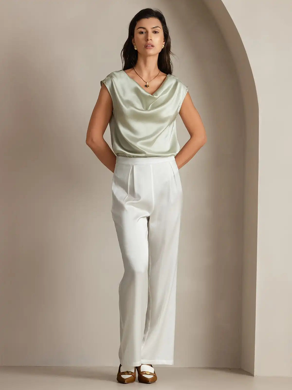 19Momme Silk Cap Sleeve Cowl Neck Women's Top