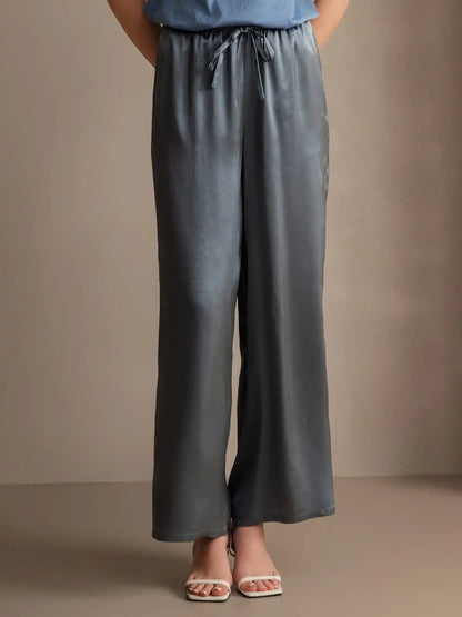 100% Mulberry Silk Wide Leg Women's Pants with Elastic Waist Design