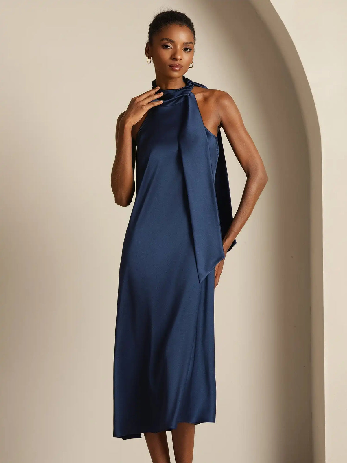 19Momme Silk Sleeveless Tie Neck Midi Dress