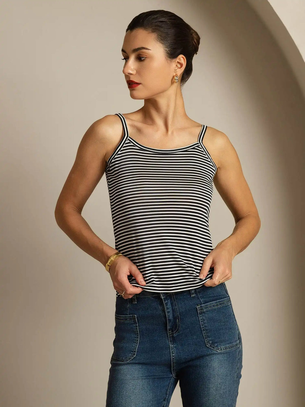 100% Mulberry Silk Spaghetti Strap Square Neck Stripe Camisole Top
