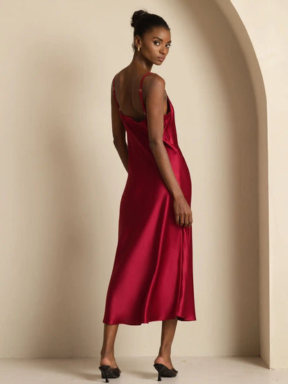 Pure Silk  V Neck Backless Spaghetti Strap Long Dress