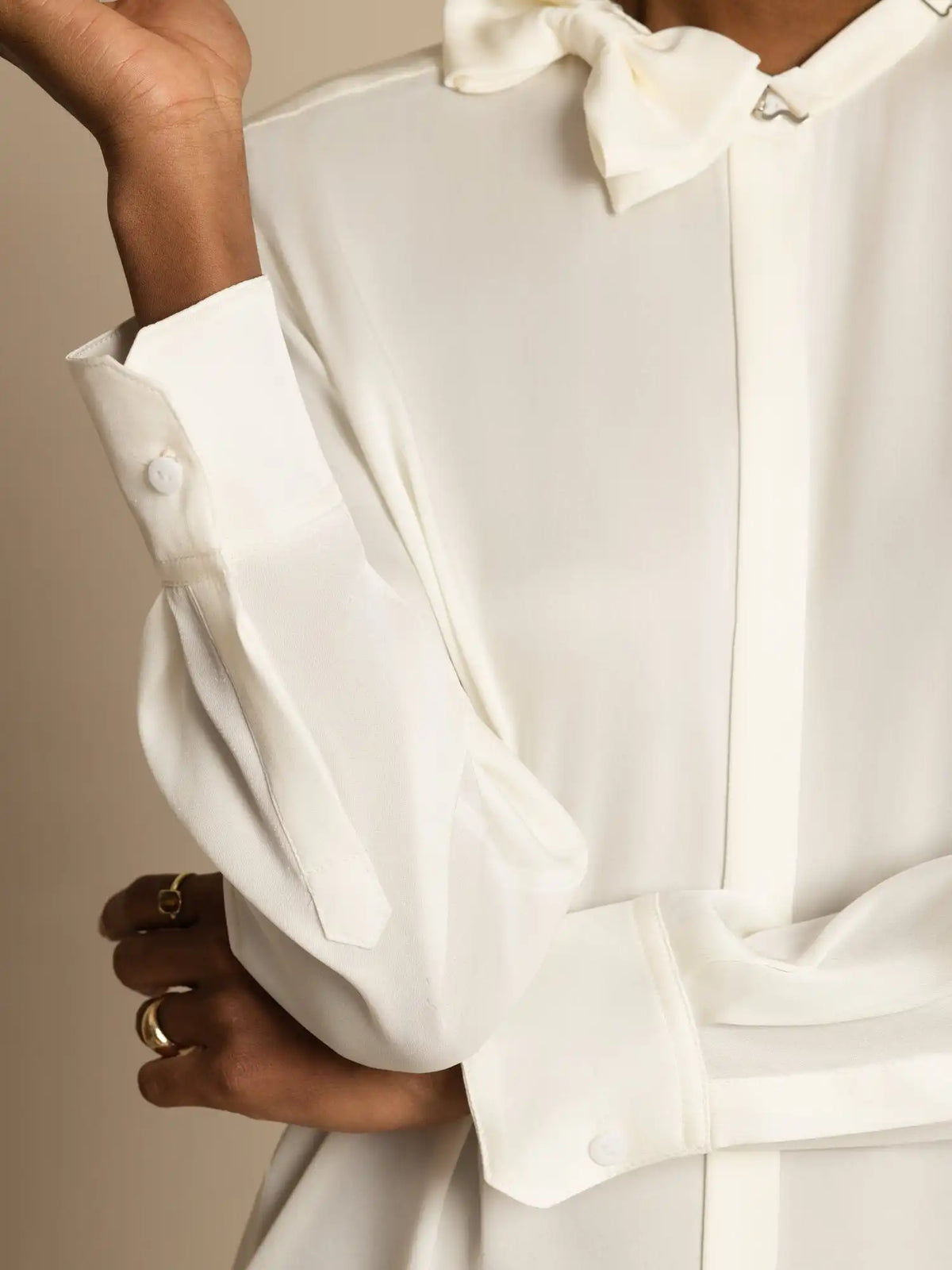 Clearance - 19Momme Silk Women's Long Sleeve Stand Collar Bow Blouse