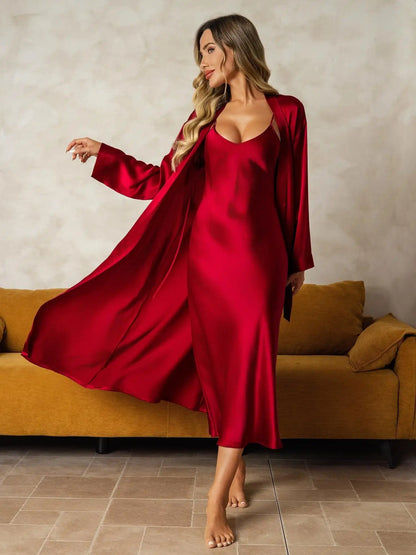 100% Mulberry Silk V-Neck Midi Nightgown & Robe Set 2Pcs