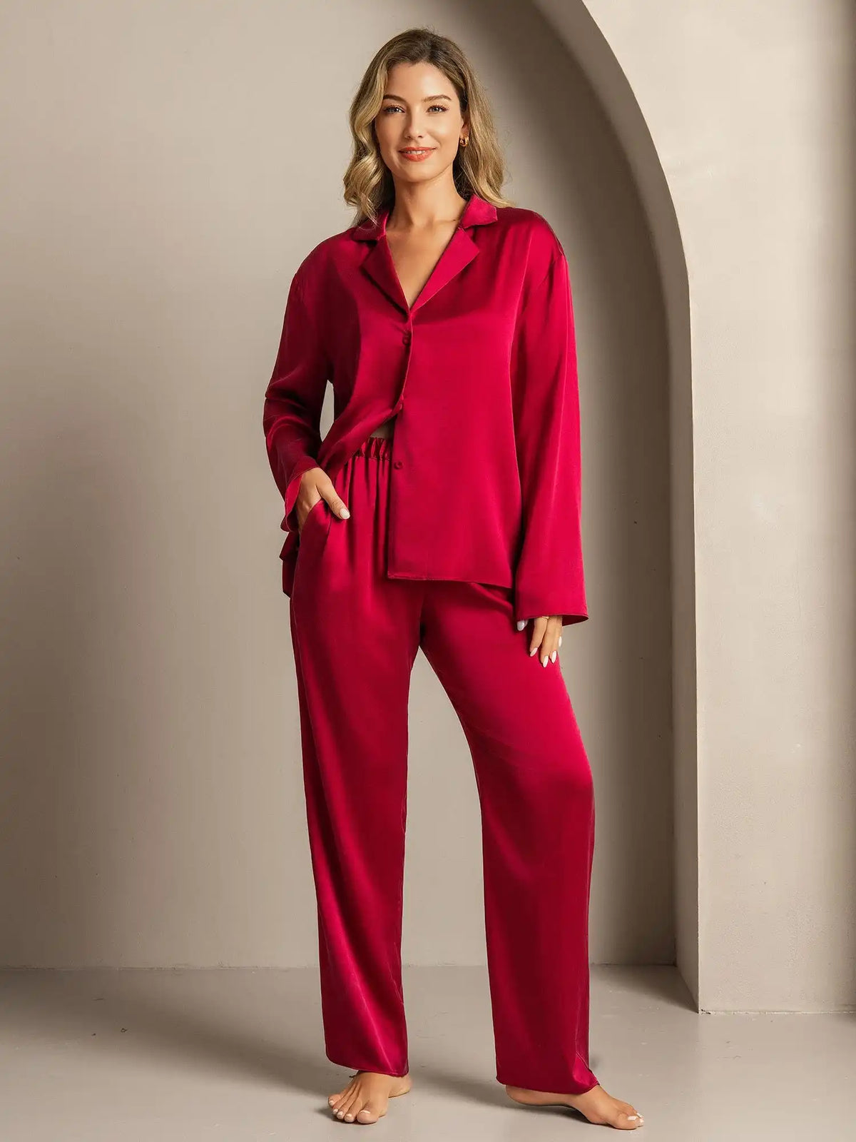 Clearance - 19Momme Washable Silk Long Sleeve Notch Collar Women's Pajamas Set