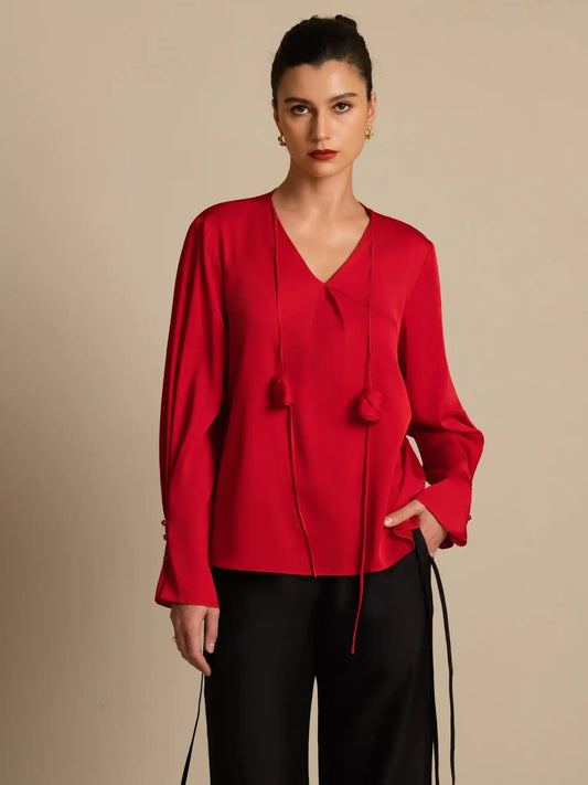 Clearance - 19Momme Silk Women's V Neck Long Sleeve Blouse With 3D Rose Detail
