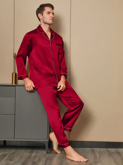 100% Mulberry Silk Long Sleeve Notch Collar Men's Pajamas Set with Button Up Design