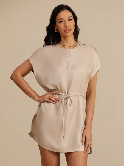 Clearance - 100% Mulberry Silk Henley Neck Cap Sleeve Short Dress With Drawstring