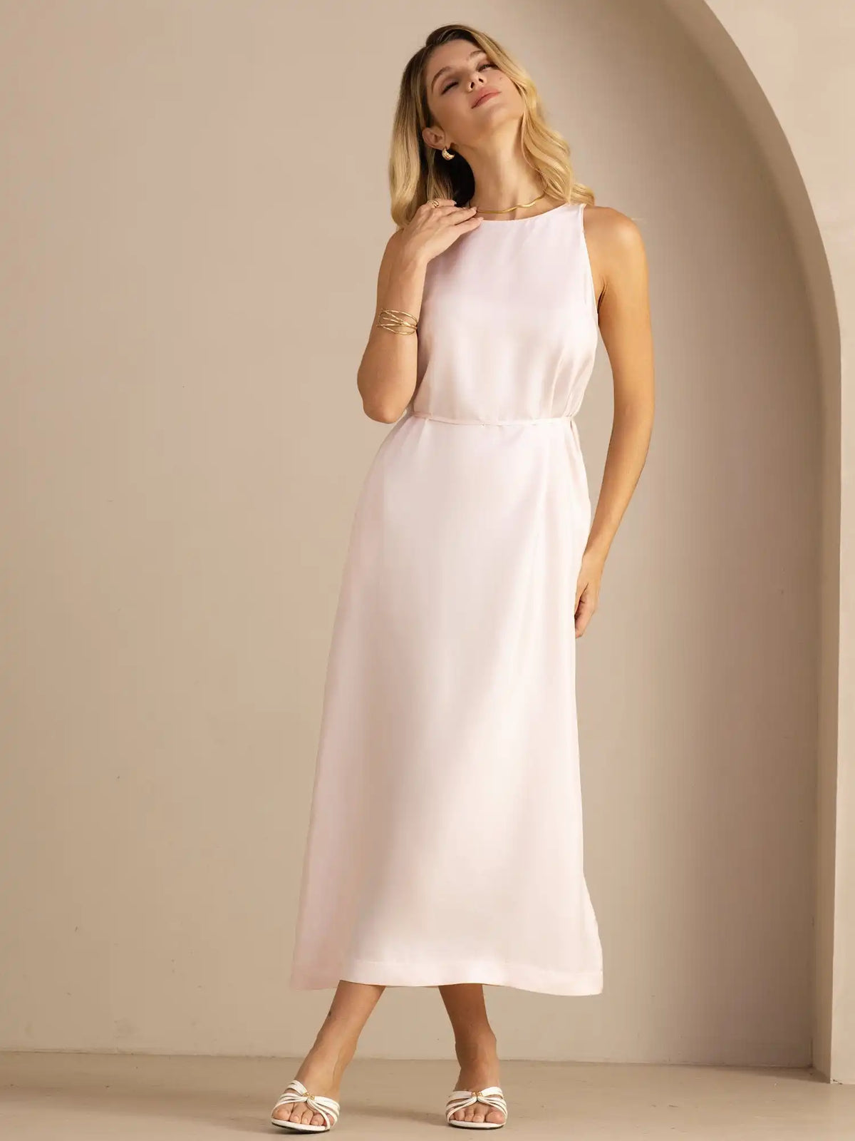100% Mulberry Silk Crew Neck  Sleeveless Self-Tie Midi Dress