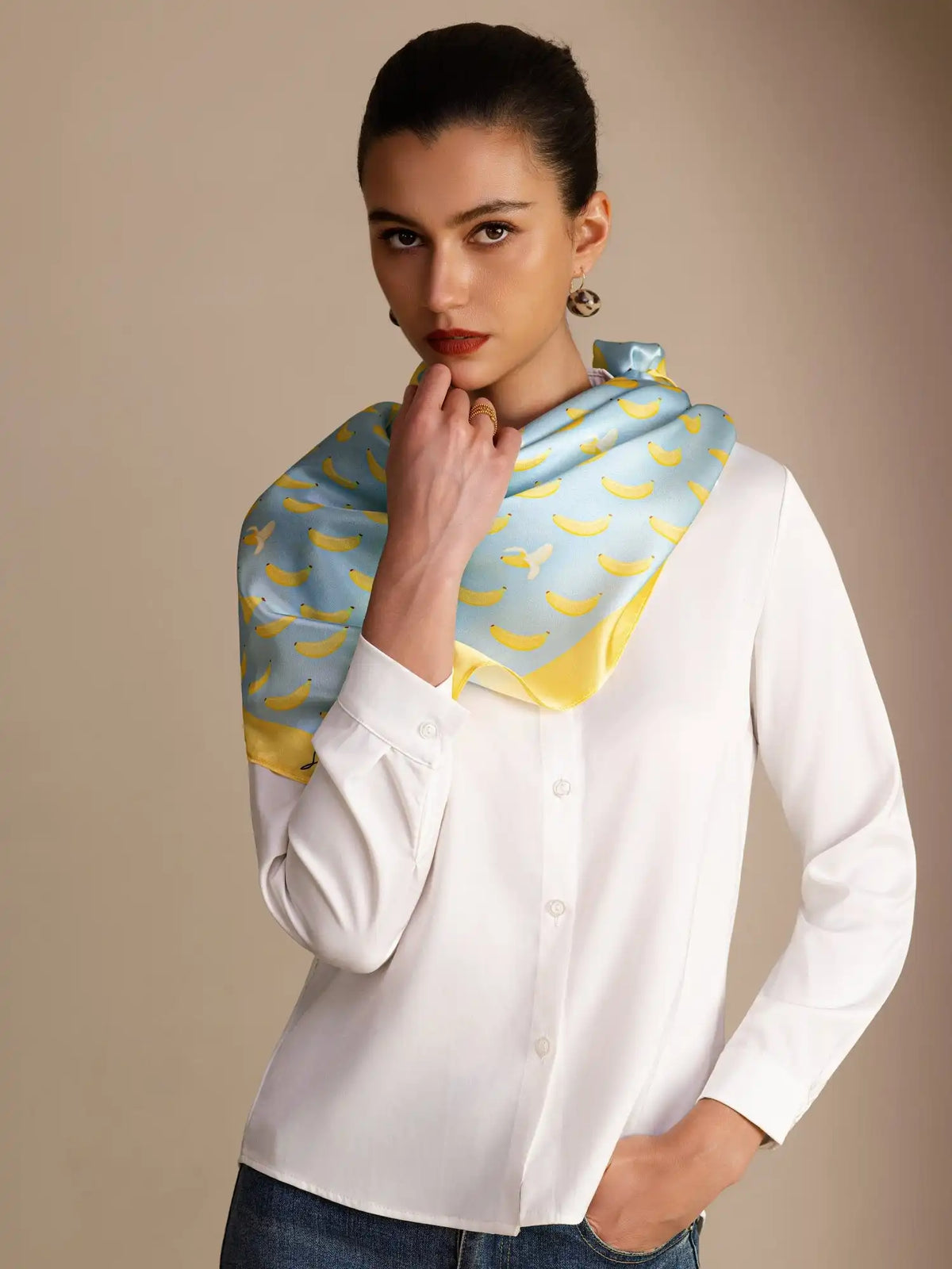 100% Mulberry Silk Banana Pattern Scarf - Size 90x90cm