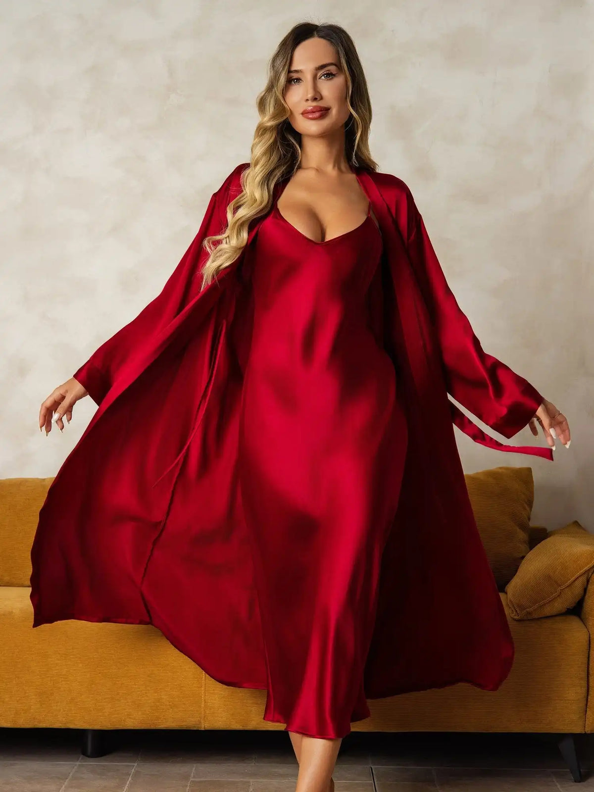 100% Mulberry Silk V-Neck Midi Nightgown & Robe Set 2Pcs