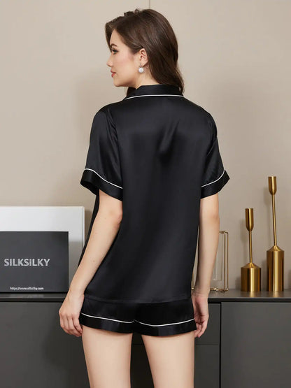 100% Mulberry Silk Short Sleeve Notch Collar Above the Knee Women's Pajamas Set