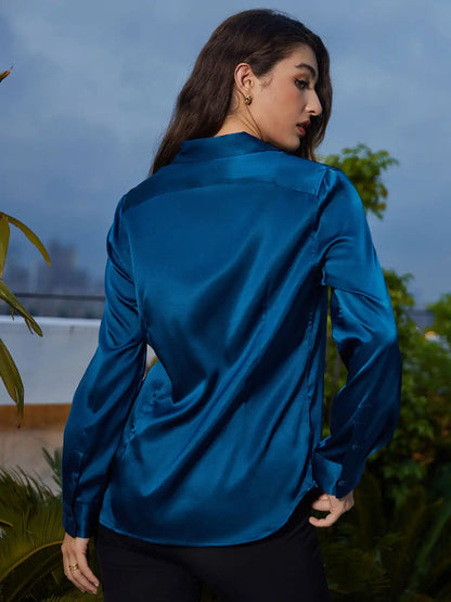 19Momme Silk Long Sleeve Lapel Collar Women's Shirt with Button Up Design