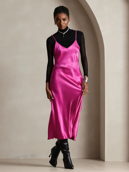 100% Mulberry Silk Spaghetti Strap V Neck Midi Dress