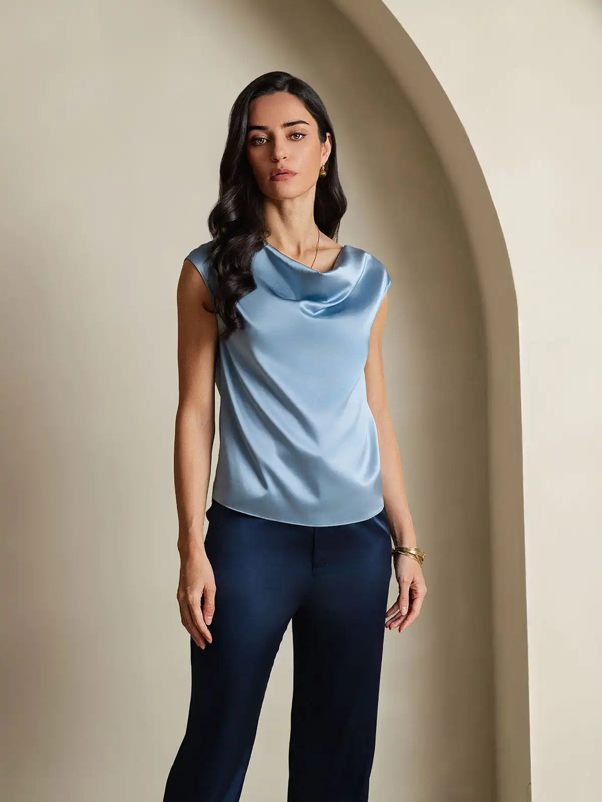 19Momme Women's Silk Cap Sleeve Cowl Neck Top