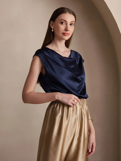 19Momme Women's Silk Cap Sleeve Cowl Neck Top