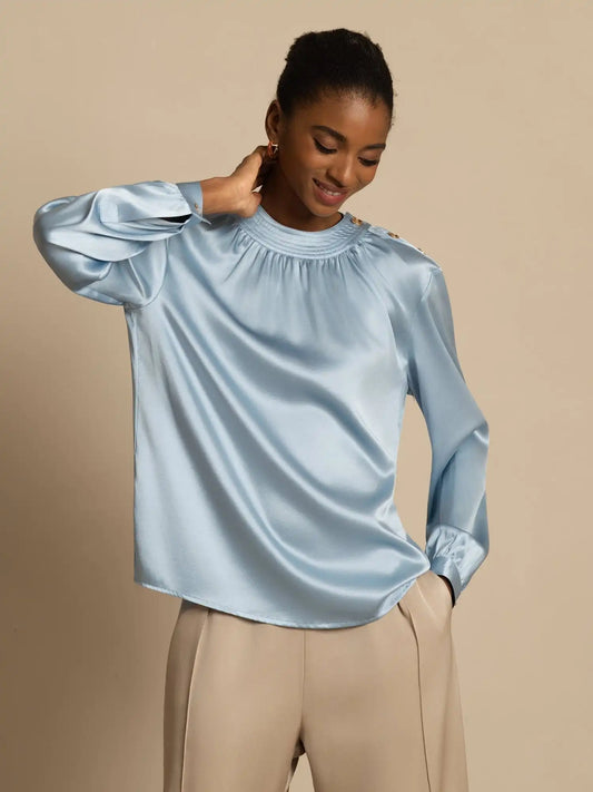 Clearance - 19Momme Silk Women’s Gathered Neck Long Sleeve Blouse