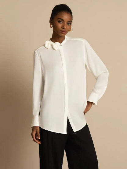 Clearance - 19Momme Silk Women's Long Sleeve Stand Collar Bow Blouse