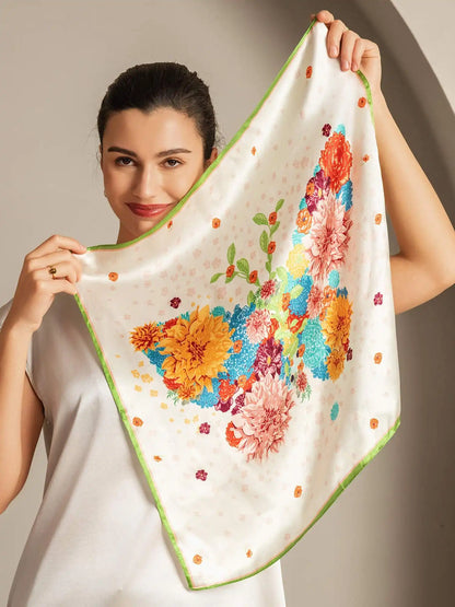 100% Mulberry Silk Floral Square Scarf with Green Trim 53*53 cm