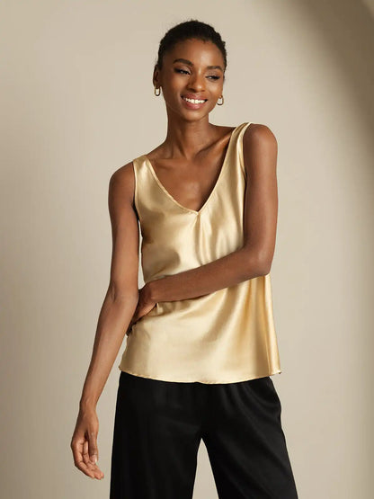 19Momme Silk Sleeveless V Neck Women's Tank Top with V Back Design