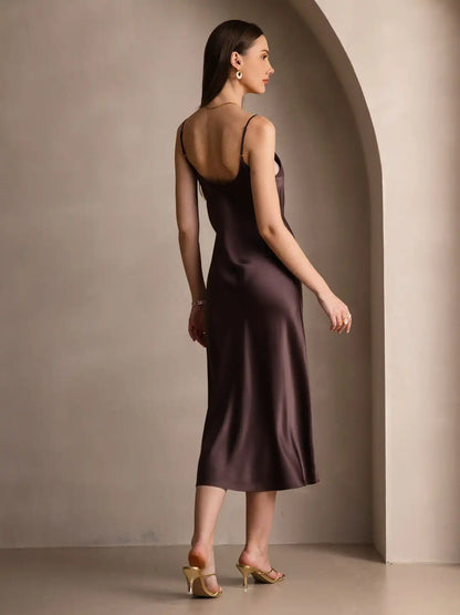 100% Mulberry Silk Spaghetti Strap Midi Long Dress