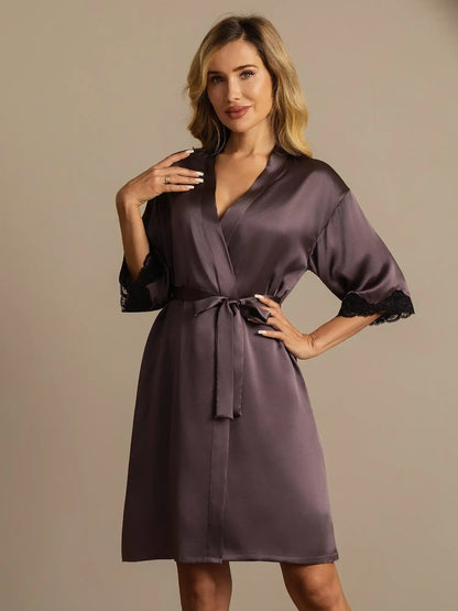 100% Mulberry Silk Basic Women's Robe with Lace Design