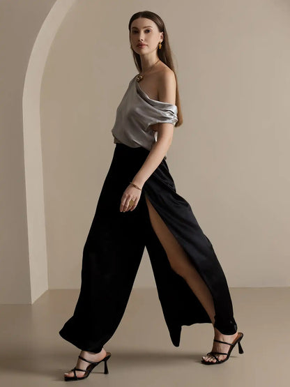 19Momme Silk Fashionable Flowy High-Slit Palazzo Pants