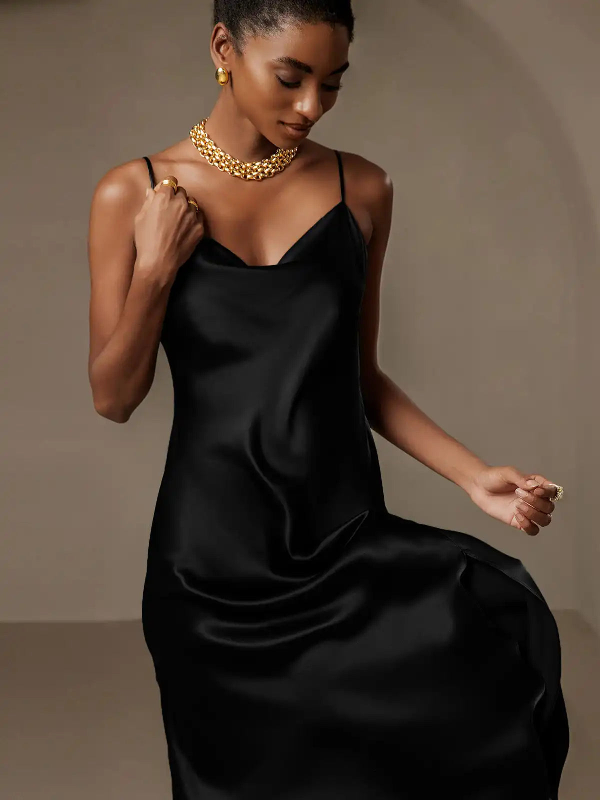 100% Mulberry Silk Spaghetti Strap Cowl Neck Bias Midi Dress with Split Design