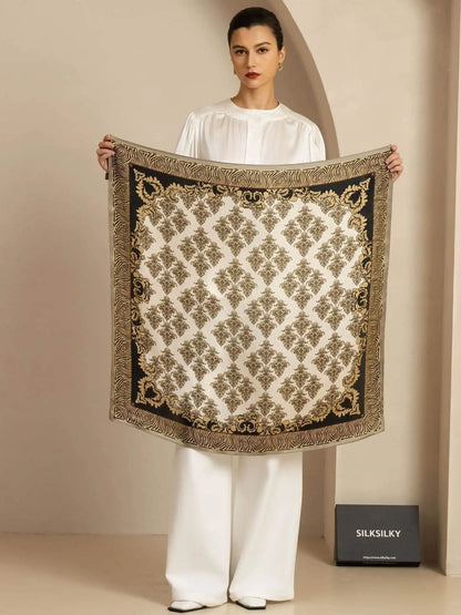 100% Mulberry Silk Vintage-Inspired Pattern  Square Scarf - Size 90x90cm