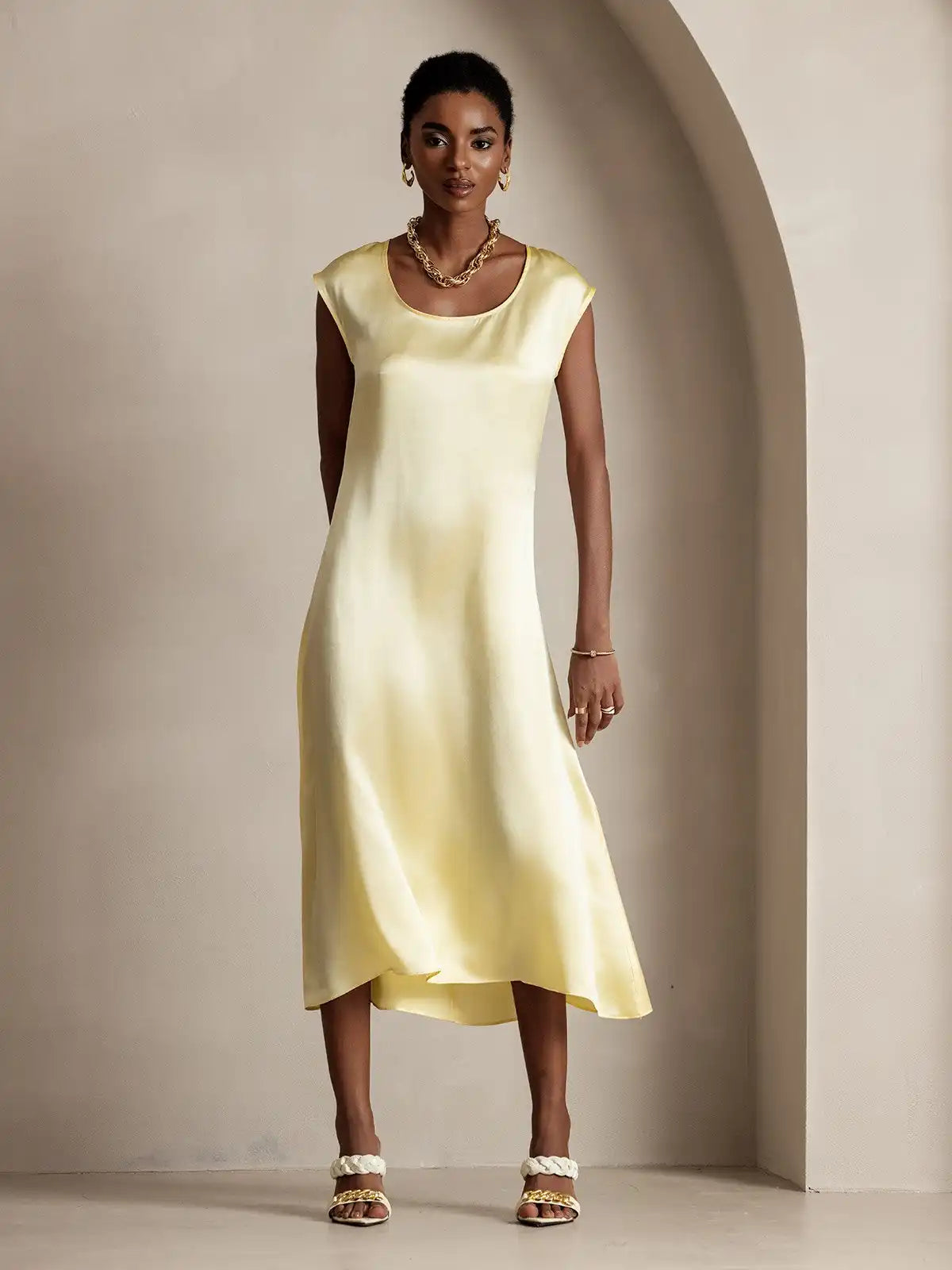 Clearance - 19Momme Silk Round Neck Cap Sleeve Midi Dress
