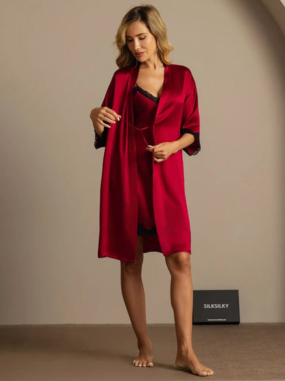 100% Mulberry Silk Basic Lace Trimmed Split Nightgown&Robe Set 2Pcs