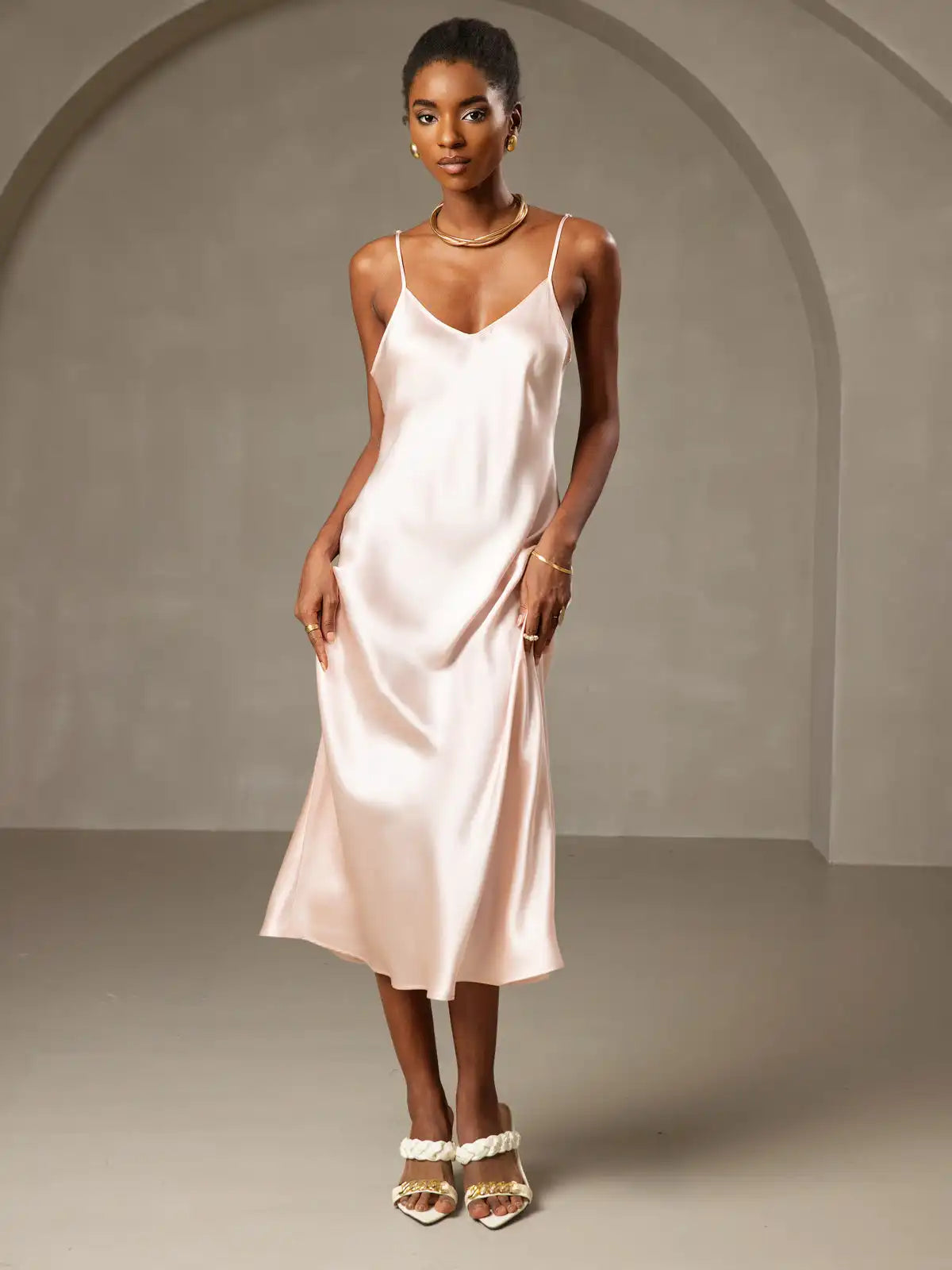 100% Mulberry Silk Spaghetti Strap V Neck Midi Dress