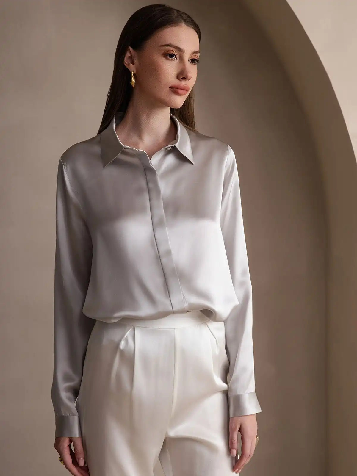 19Momme Silk Long Sleeve Lapel Collar Women's Shirt