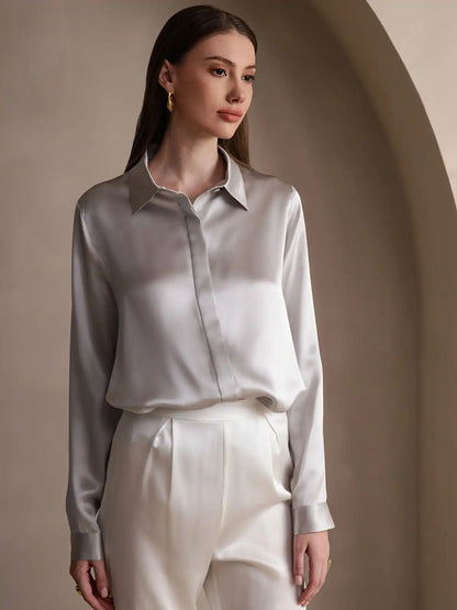 19Momme Silk Long Sleeve Lapel Collar Women's Shirt