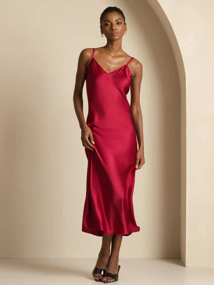 Pure Silk  V Neck Backless Spaghetti Strap Long Dress