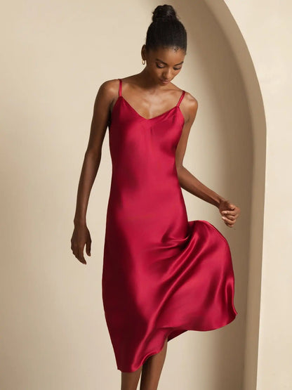 Pure Silk  V Neck Backless Spaghetti Strap Long Dress