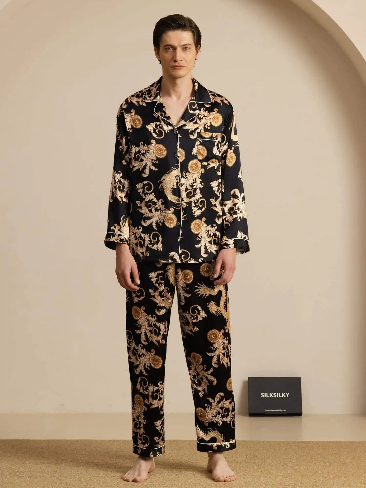 100% Mulberry Silk Men's Dragon Print  Long Sleeve Notch Collar Pajamas Set