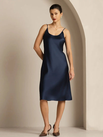 19Momme Silk Scoop Neck Backless Spaghetti Strap Midi Dress