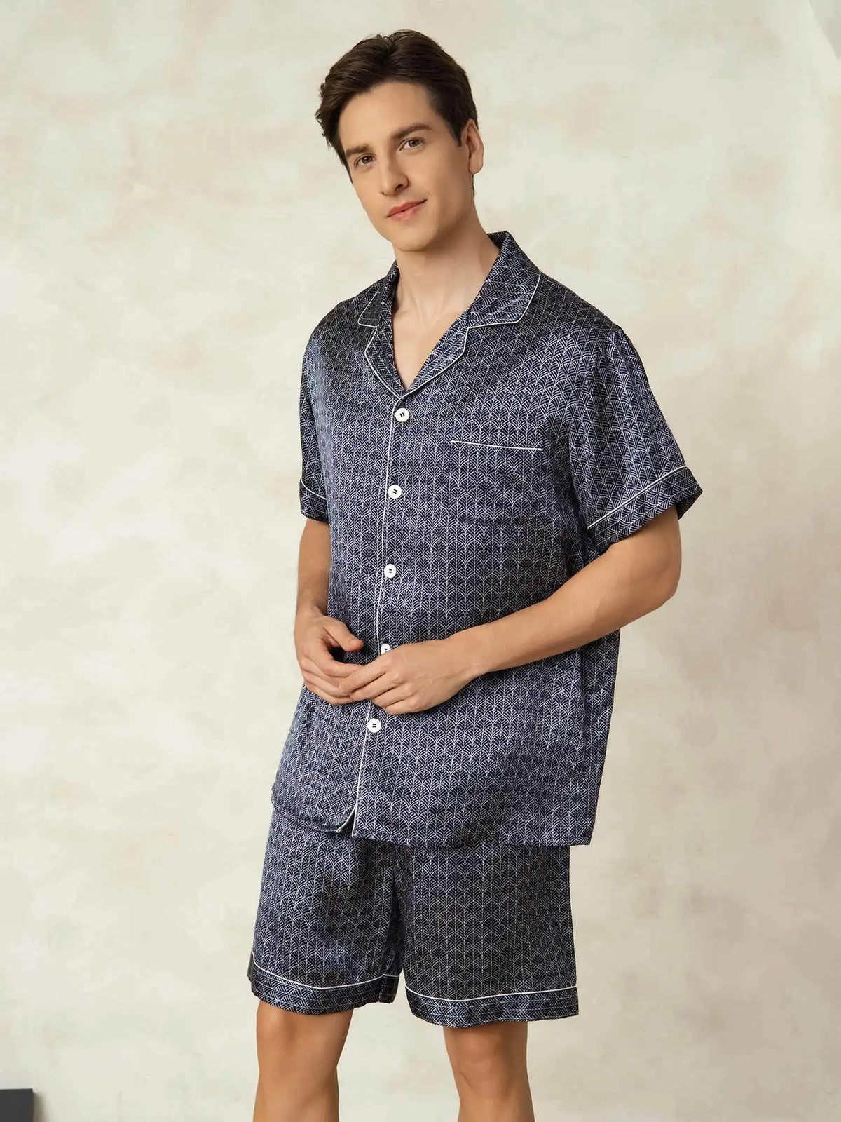 Men's 100% Mulberry Silk Ginkgo Print Short Sleeve Lapel Collar Pajamas Set
