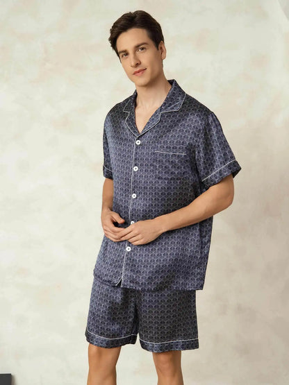 Men's 100% Mulberry Silk Ginkgo Print Short Sleeve Lapel Collar Pajamas Set