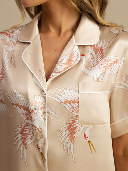 19Momme Women's 100% Mulberry Silk Crane Print Short Sleeve Notch Collar Pajamas Set